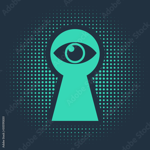 Green Keyhole with eye icon isolated on blue background. The eye looks into the keyhole. Keyhole eye hole. Abstract circle random dots. Vector Illustration