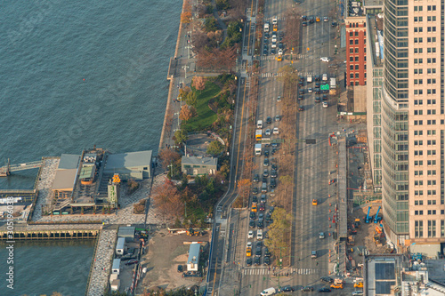 Aerial view of rush hour and bysu traffic in West Side Highway  Manhattan  New York City.