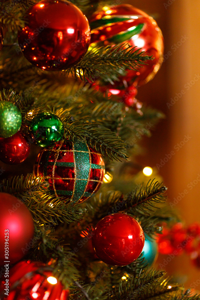 Beautiful Red Christmas Balls Hanged On The Christmas Tree Branch