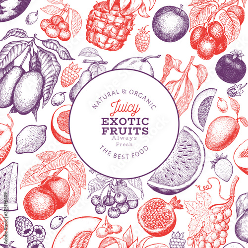 Fruits and berries design template. Hand drawn vector tropic fruits illustration. Engraved style fruit. Retro exotic food banner.