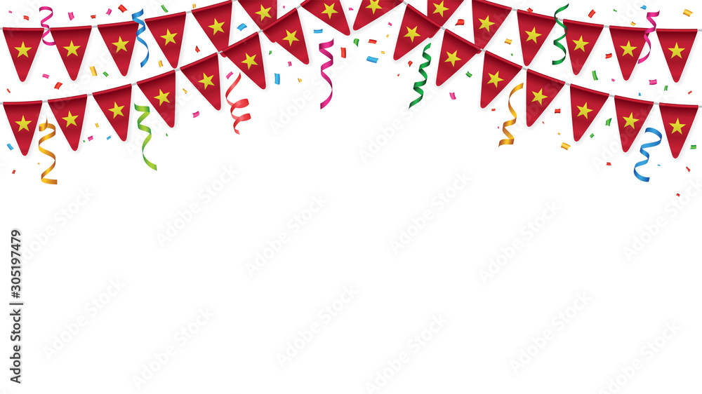 Obraz premium Vietnam flags garland white background with confetti, Hang bunting for Vietnamese independence Day celebration template banner, Vector illustration