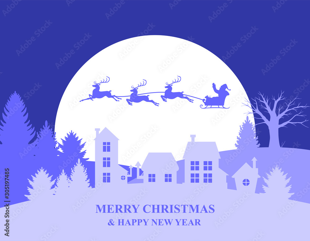 Vector illustration of Christmas banner with Santa Claus flying over the night landscape Vector illustration of Christmas banner with Santa Claus flying over the night landscape