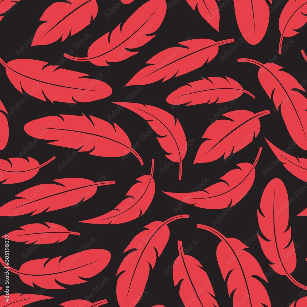 Modern seamless pattern with red feathers on dark background. Vector illustration