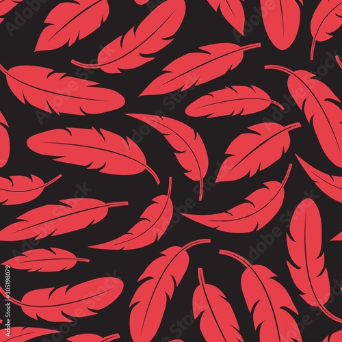 Modern seamless pattern with red feathers on dark background. Vector illustration