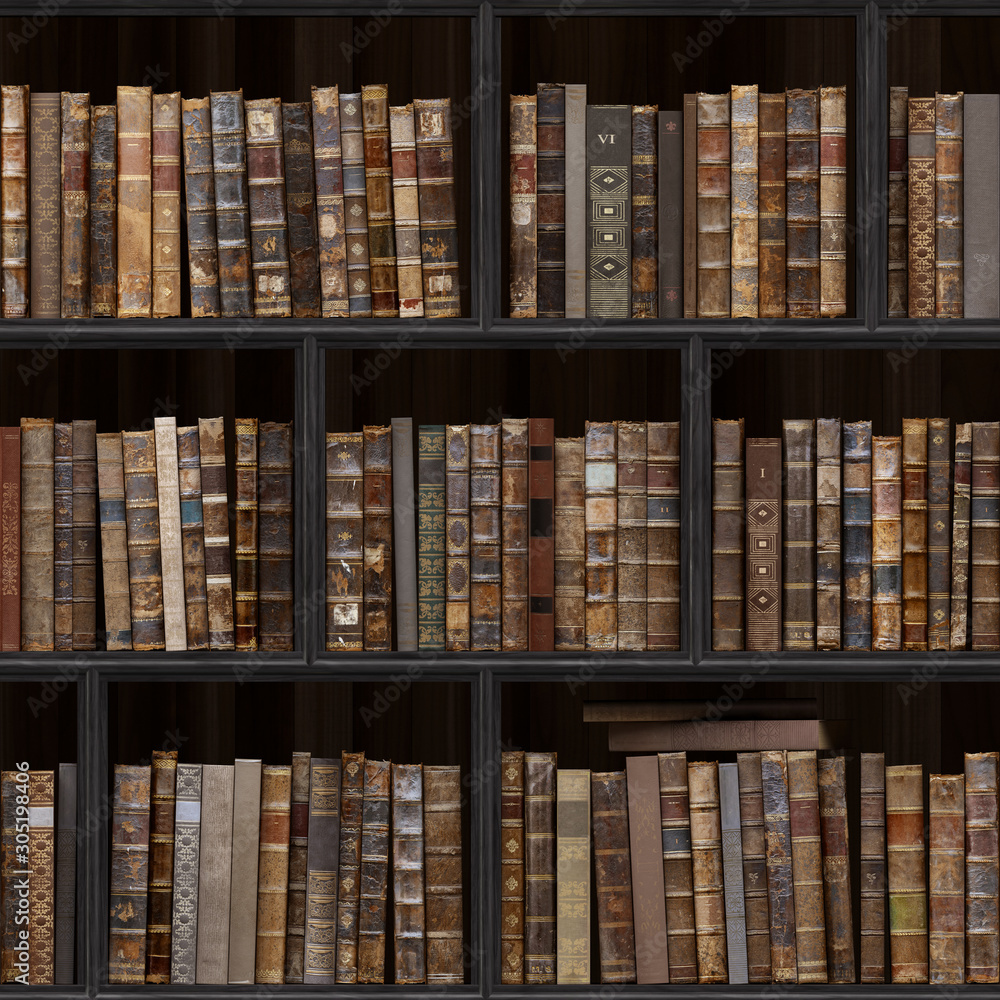 Foto Stock 04 of 30 Black wood bookshelf. Old books seamless texture  (vertically and horizontally). Tiled Bookshelf Background. Also tiled with  other textures from same set in my gallery. Pack2. | Adobe Stock