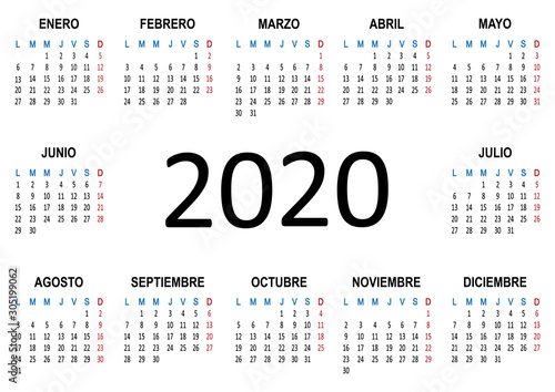 Yearly calendar Spanish 2020. Week starts Monday. Vector illustration