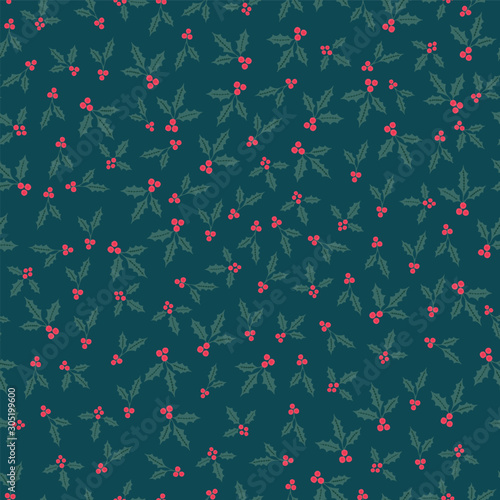 Winter seamless vector pattern with holly berries in ditsy style. Christmas backgrounds collection. Digital hand drawn of winter elements in the soft, whimsical and modern surface design.