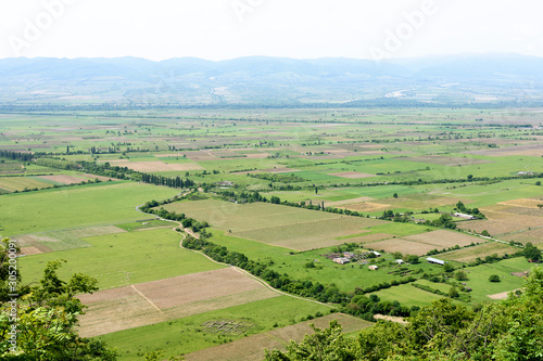 Top view of Multi-colored rectangular fields and vineyards in Alazani Valley, Kakheti Region, Georgia