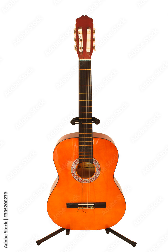 guitar standing on a stand, instrument on white background