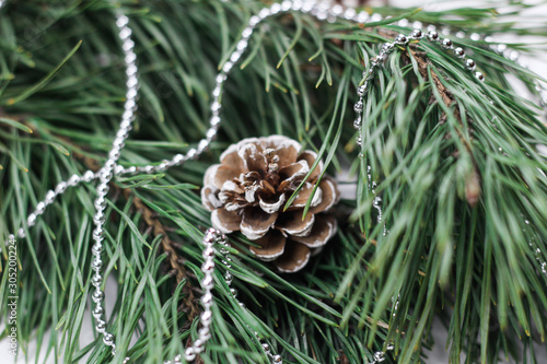 New year eve flatlay. Christmas tree and decorations. 2020. Merry Christmas mood. Celebration. Backgrond. Winter holiday. Xmas.