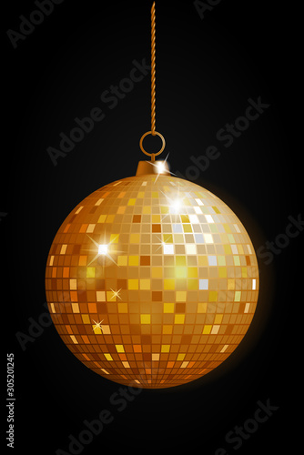 Vector realistic image of gold disco ball with bright flares