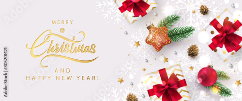 Christmas banner. Xmas background design with star shaped christmas toy, realistic gifts boxes, fir branch, glitter gold confetti. Horizontal New Year poster, greeting card, header, website. Top view 