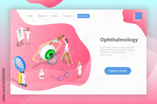 Isometric flat vector landing page template of ophthalmology, eyesight check up, eyes health care, ophthalmological examination.