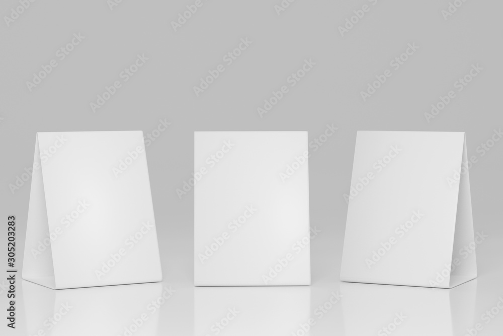 Mockup three white blank paper table card 3d illustration isolated on white background with clipping path, table tent blank, Stand for booklets with white sheets of paper. Mockup three white blank paper table card 3d illustration isolated on white background with clipping path, table tent blank, Stand for booklets with white sheets of paper.