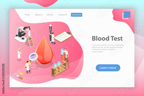 Isometric flat vector landing page template of blood test procedure, hospital hematology laboratory, complete blood count.
