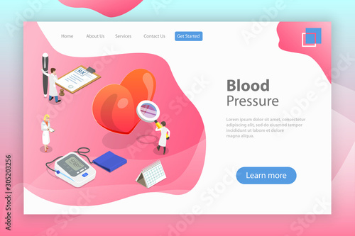 Isometric flat vector landing page template of blood pressure test, medical digital tonometer, regular health checkup.