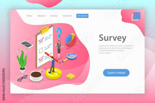 Isometric flat vector landing page template of survey, customer rating and feedback, quality test, consumer satisfaction research.