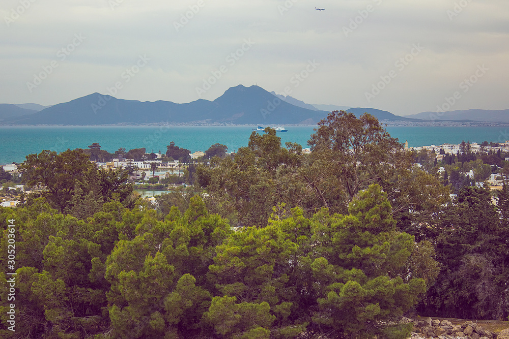 View on the Boukornine mountain from the Byrsa hill, Carthage, Tunisia, beautiful green trees and blue Gulf of Tunis