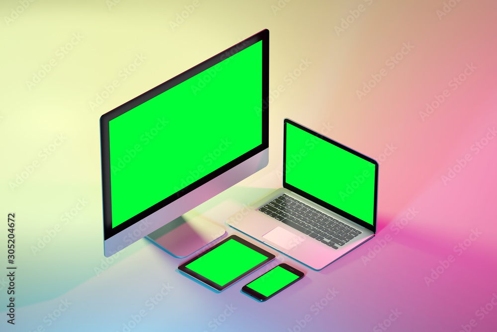 Mock up of isometric devices on a colorfull background - 3d rendering Mock up of isometric devices on a colorfull background - 3d rendering