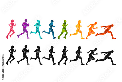 Running marathon  people run  colorful poster vector illustration man sketch hand drawing sport