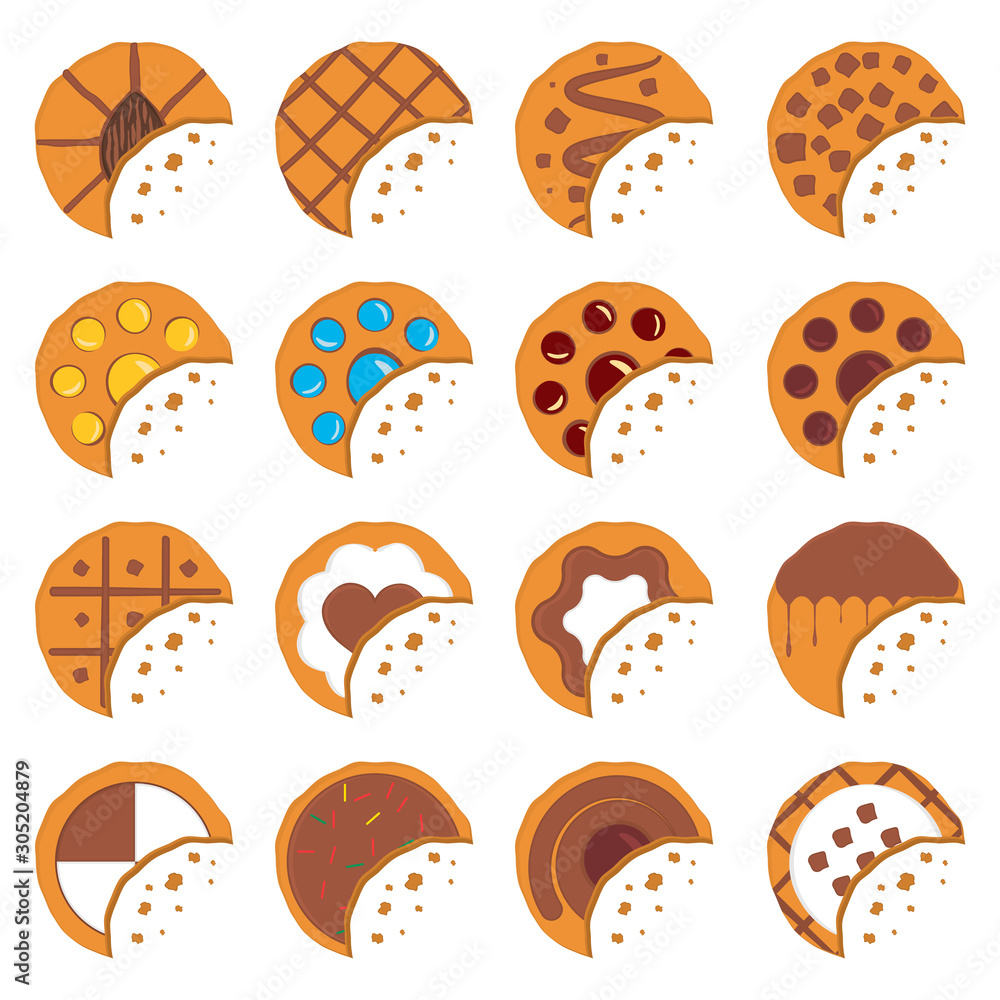 Set of icons bitten round cookies with crumbs on white background. Different patterns. Vector illustrations. Set of icons bitten round cookies with crumbs on white background. Different patterns. Vector illustrations.