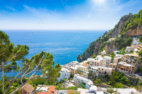 Beautiful Positano and clear blue sea on Amalfi Coast in Campania, Italy. Amalfi coast is popular travel and holyday destination in Europe. © IgorZh