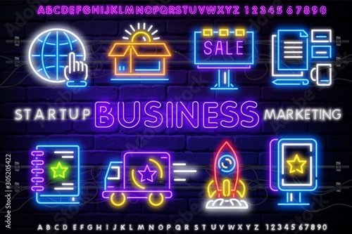 Business icon set neon sign, symbol. Shop colored banner. Business festival neon symbol collection. Night lamp shine billboard vector illustration label design. Vintage fashion.