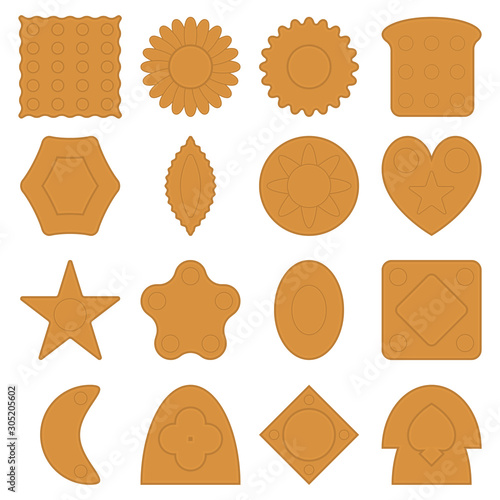 Set of cookie icons of different shapes. Biscuits with various patterns. Vector illustration. 