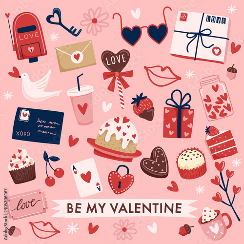 Valentine's Day elements with text and layout template for cards and banner design : Vector Illustration