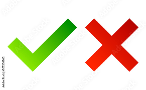 Check mark. Green tick symbol and red cross sign. Icons for evaluation quiz. Vector.