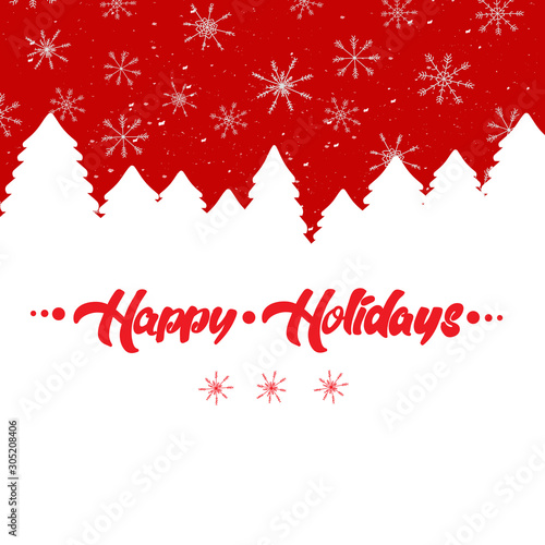 Christmas winter landscape with greeting text Happy Holidays