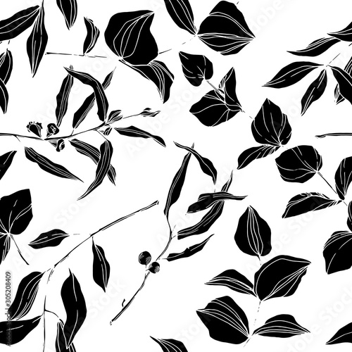 Vector Eucalyptus tree leaves jungle botanical. Black and white engraved ink art. Seamless background pattern.