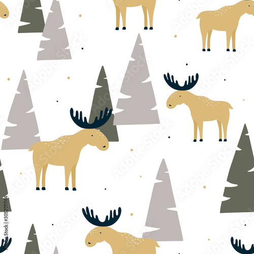 Hand drawn seamless pattern with funny elk in a wood. Vector illustration. Design can be used for textiles, wallpaper, clothing, wrapping paper.
