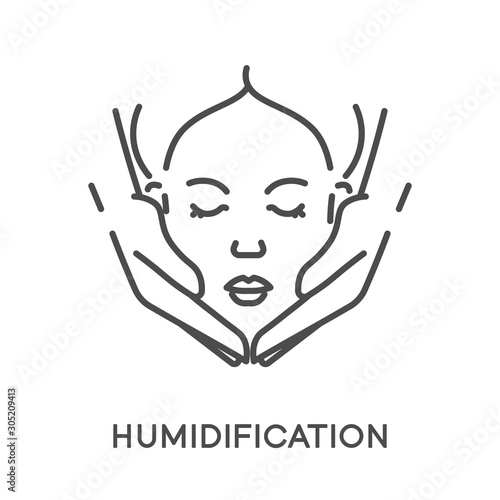 Moisturizing and humidification of female face isolated line icon