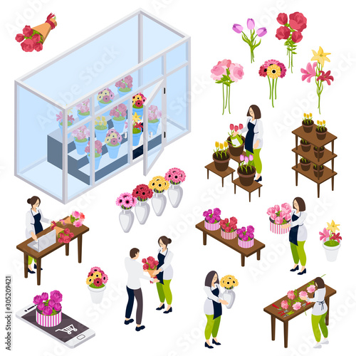 Flower Shop Isometric Icons 