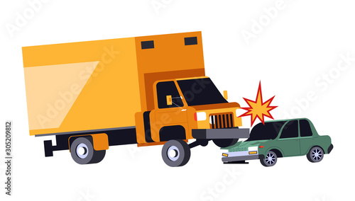 Car crash, accident on road, lorry truck and vehicle hit