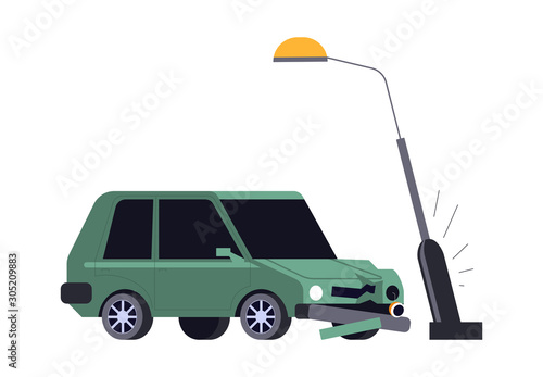 Car crash, vehicle hits streetlight, road accident isolated icon