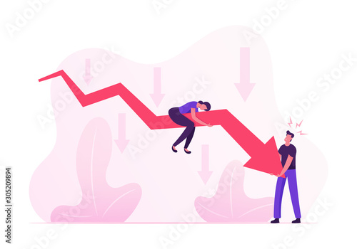 Businesspeople Trying to Rise Up Huge Red Arrow Going Down. Woman Sitting above, Man Trying to Move Falling Chart. Financial Crisis, Investment Recession on Stock Cartoon Flat Vector Illustration