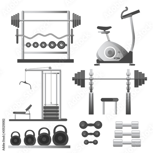 Fitness workout equipment, training apparatuses isolated icons