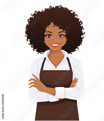 Smiling woman in apron standing with arms crossed isolated vector illustration