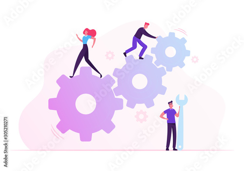 Team Work Cooperation in Gears Mechanism. Businesspeople Engaged in Business Direction to Successful Path Move Huge Cogwheel Machine Man Technician Support Hold Wrench Cartoon Flat Vector Illustration