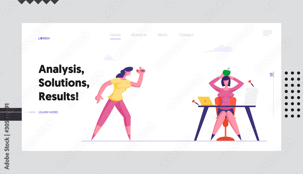 Dirty Tricks Unfair Fight Website Landing Page. Businesswoman Throw Darts to Apple Lying on Head of Business Woman Sitting at Office Desk. Office Life Web Page Banner. Cartoon Flat Vector Illustration