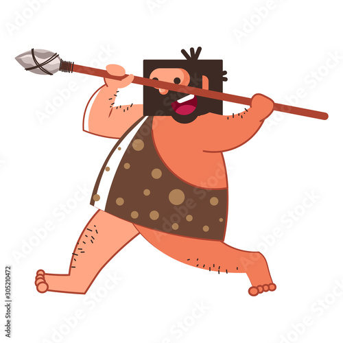 Caveman hunter with spear in animal skin isolated character