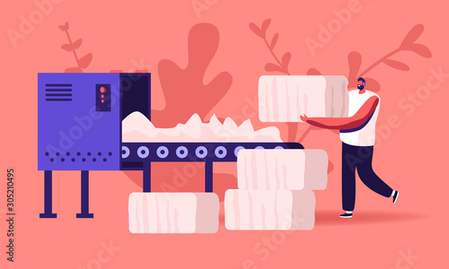 Man Textile Factory Worker Put Raw Cotton Material on Conveyor Belt for Pressing and Making Bales in Blow Room of Carding Department in Sewing Plant. Fiber Industry Cartoon Flat Vector Illustration