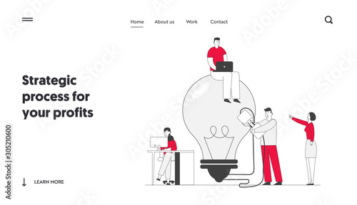 Teamworking and Searching Idea Website Landing Page. Business Team Search Insight for Project Development Stand at Huge Turned Off Light Bulb with Plug Web Page Banner Cartoon Flat Vector Illustration