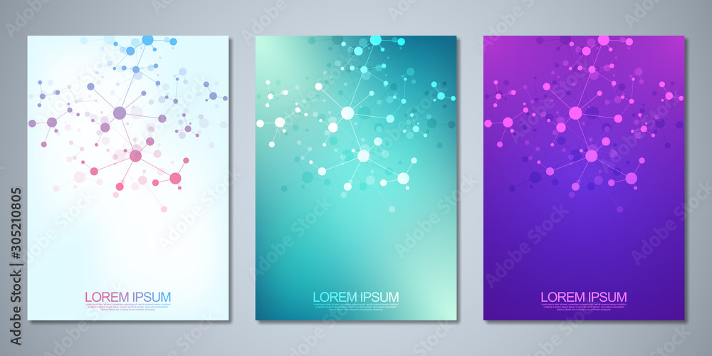 Vector template brochures or cover design, book, flyer, with molecules background and neural network. Abstract geometric background of connected lines and dots. Science and technology concept. Vector template brochures or cover design, book, flyer, with molecules background and neural network. Abstract geometric background of connected lines and dots. Science and technology concept.