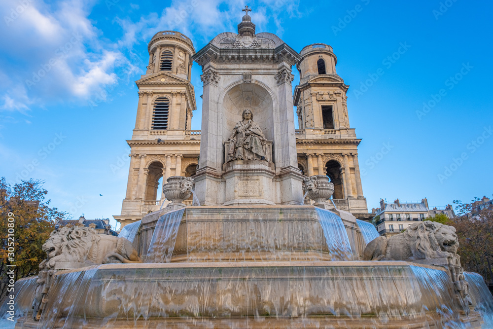 Fototapeta premium Church of Saint-Sulpice, Place Saint-Sulpice, Latin Quarter, 6th arrondissement., Paris, France