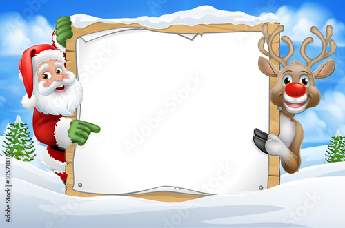 Santa Claus and Christmas reindeer peeking around a sign in a snowy scene winter landscape cartoon