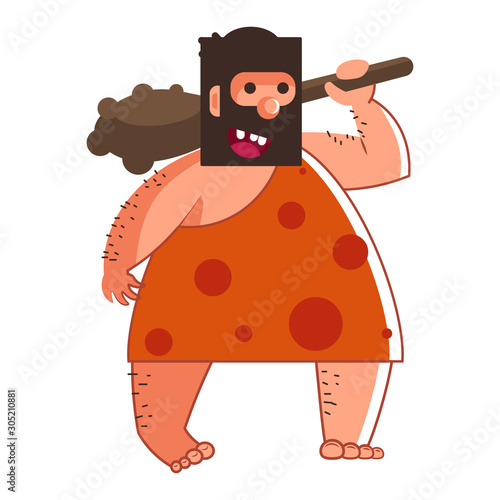 Primitive man or caveman with wooden bat isolated character