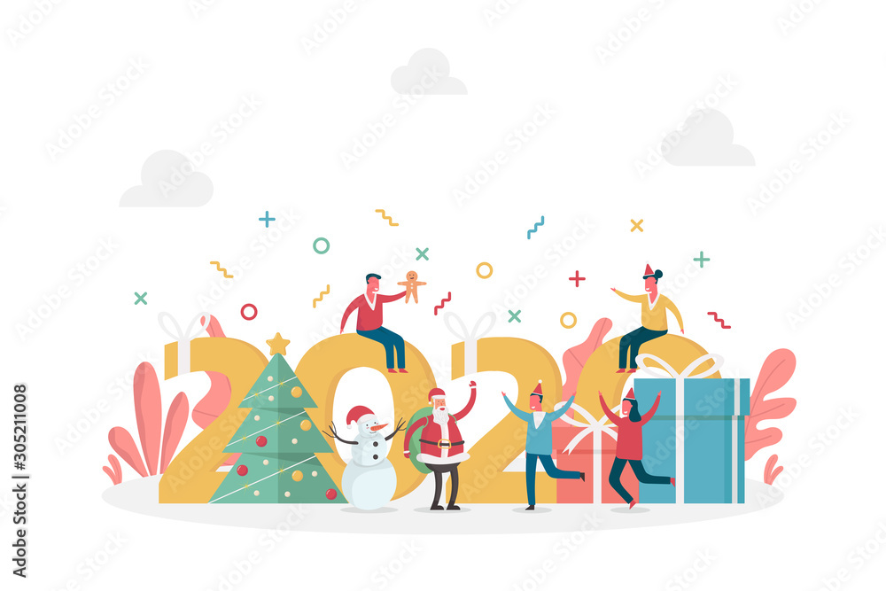 concept of new year two thousand twenty celebrated with happy tiny people, large gifts and Christmas tree, flat vector illustration for web, landing page, ui, banner, editorial, mobile app and flyer. concept of new year two thousand twenty celebrated with happy tiny people, large gifts and Christmas tree, flat vector illustration for web, landing page, ui, banner, editorial, mobile app and flyer.